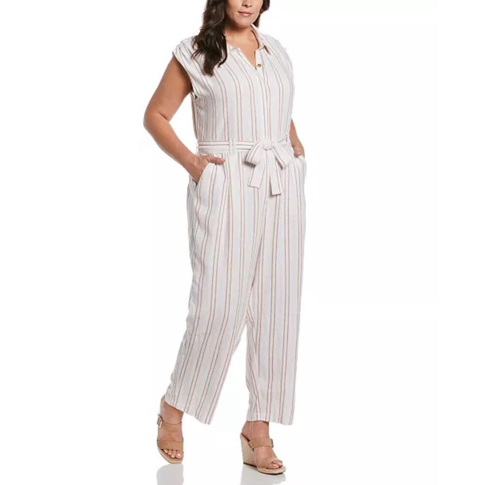 ELLA Rafaella Jumpsuit Women's 1X White‎ Brown Striped Tie Waist Sleeveless NWT